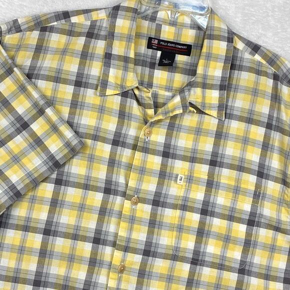 VTG Polo Jeans Co Ralph Lauren Camp Shirt Men L Yellow Plaid Loop Collar Preppy - Picture 1 of 8